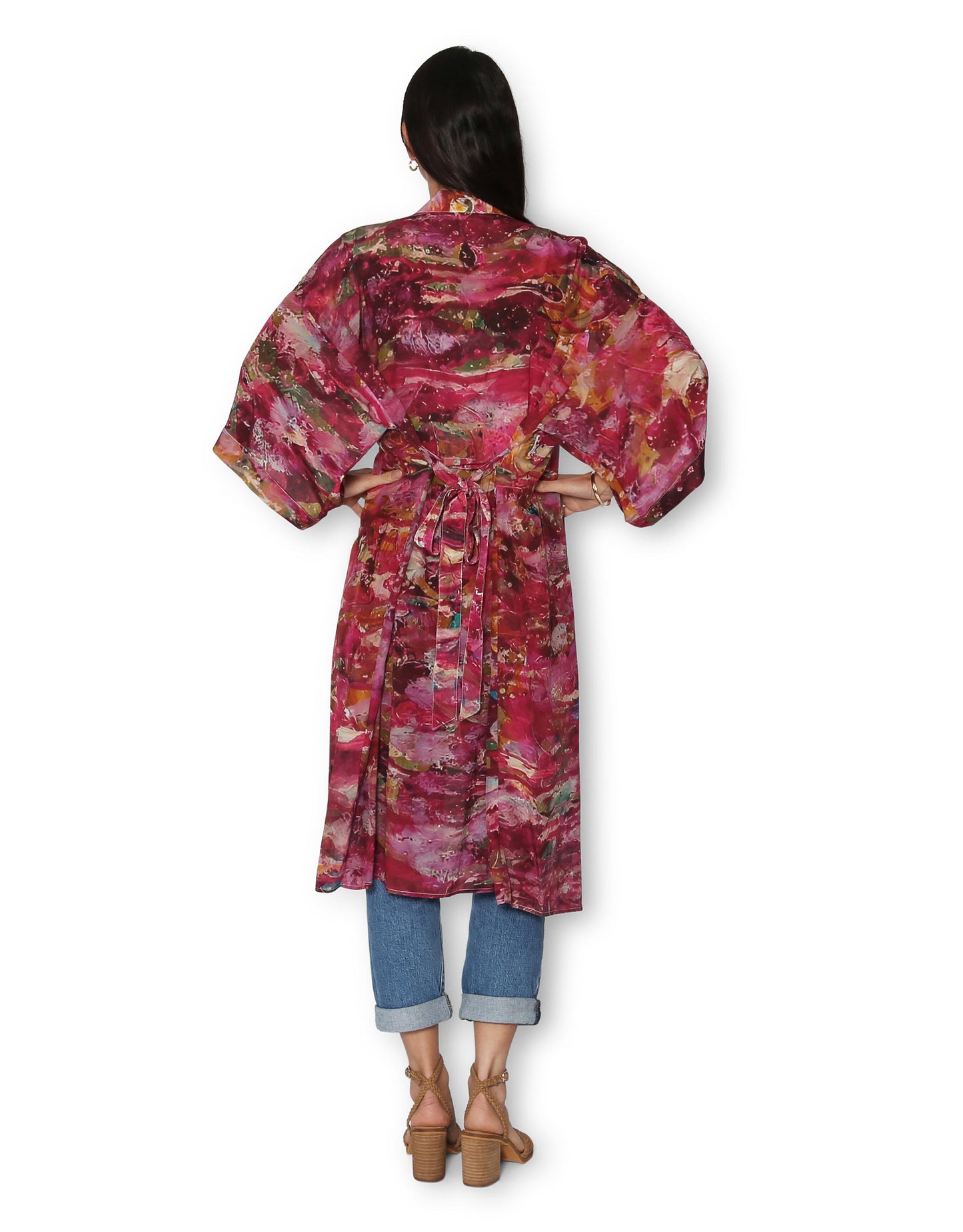 Longline Silk Kimono - Pink Primrose