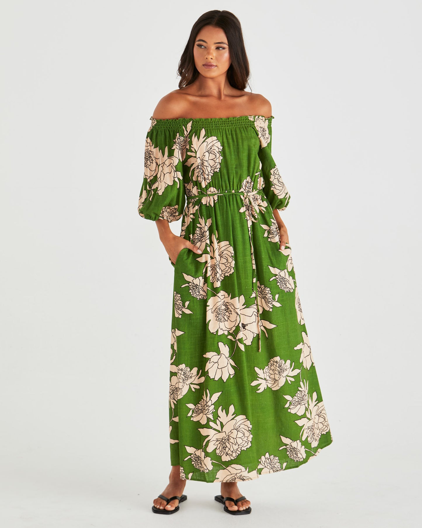 Antonie Off Shoulder Dress - Moonflower Green