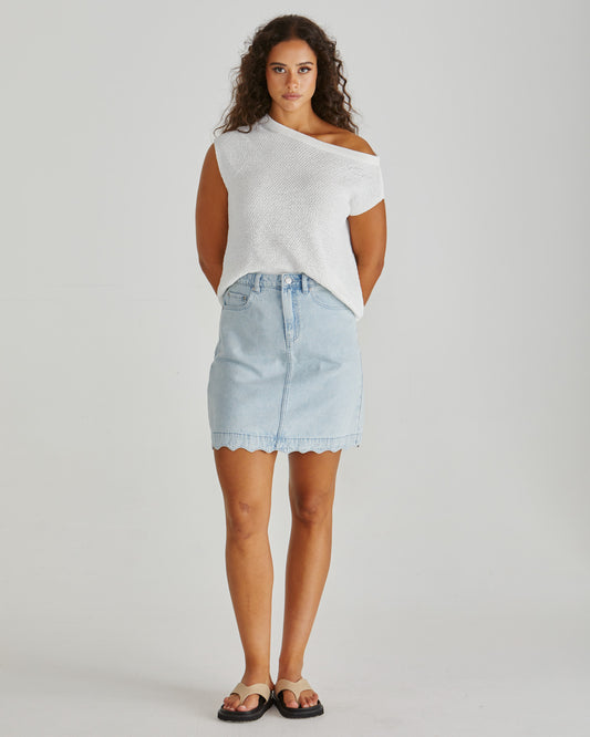 Vale Scalloped Denim Skirt - Bleach Blue
