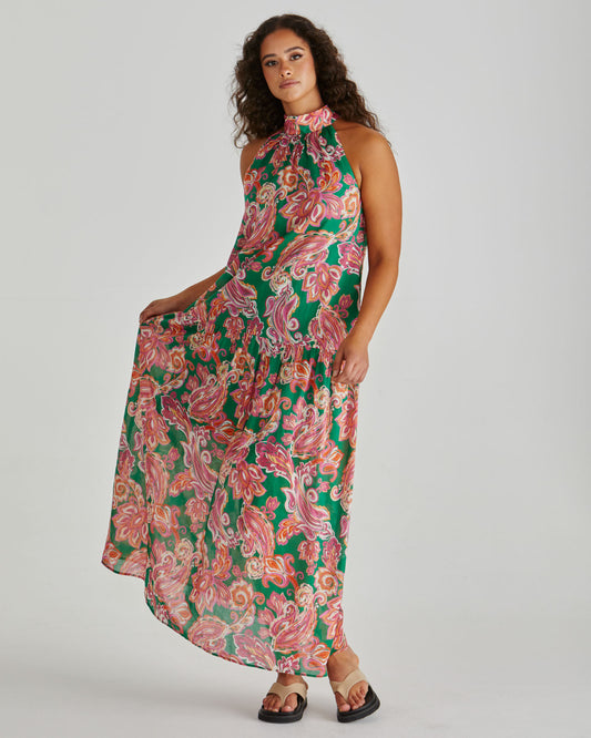 Malia Halter Dress - Pink/Green Paisley