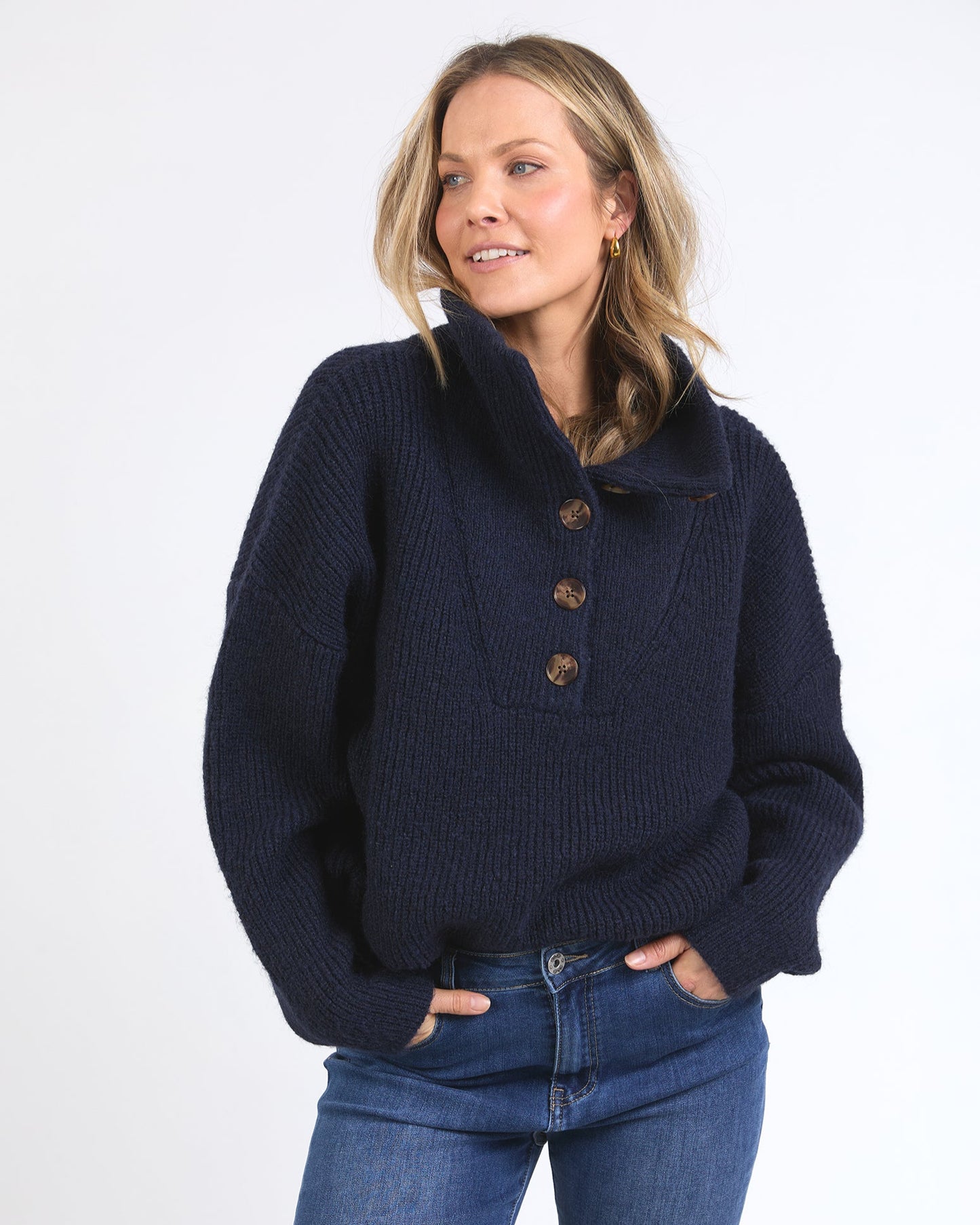 Bron Button Knit - Navy