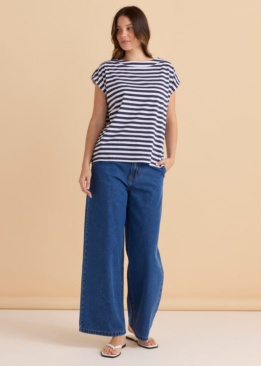Beth Boatneck Tee - Navy Stripe