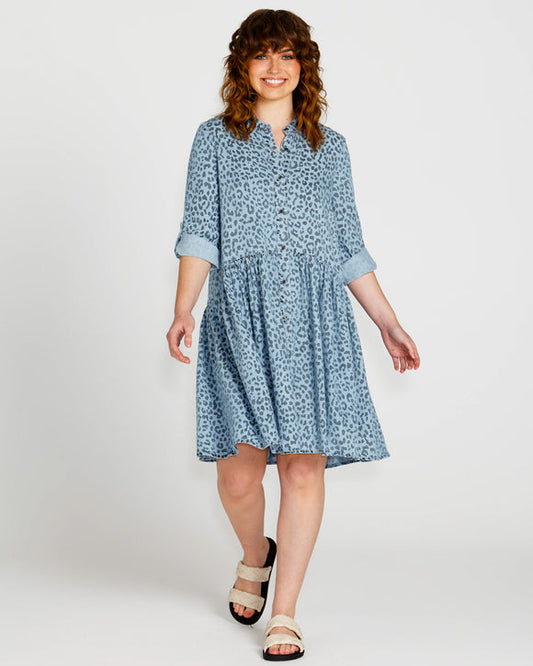 Zahlia Shirt Dress - Denim Cheetah