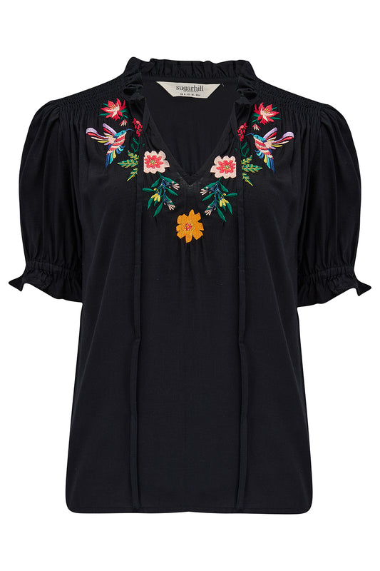 Angelique Shirred Top - Tropical Hummingbird