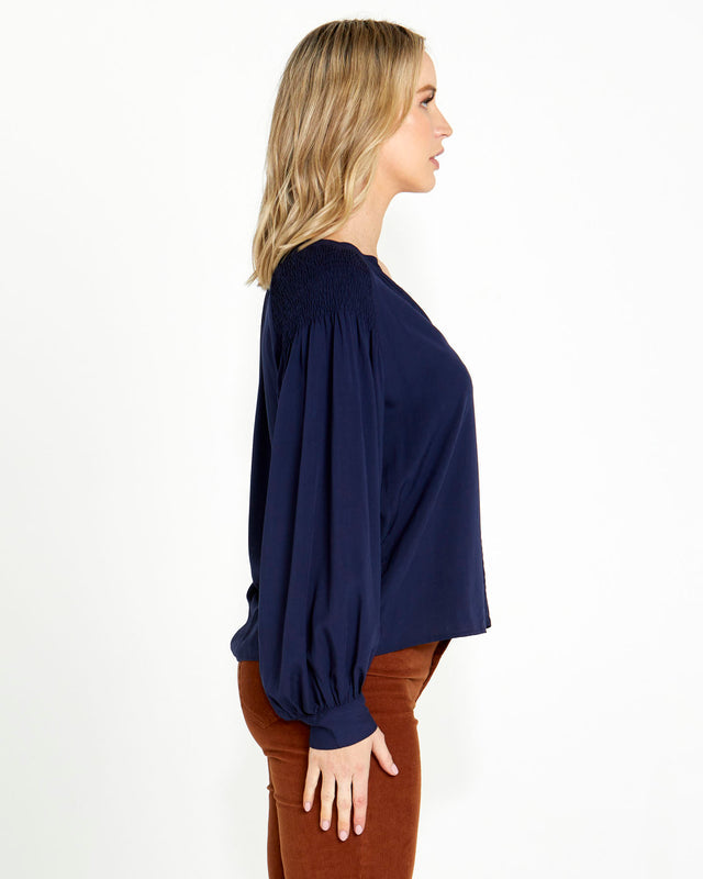 Bridgitte Shirred Shoulder Top - Navy