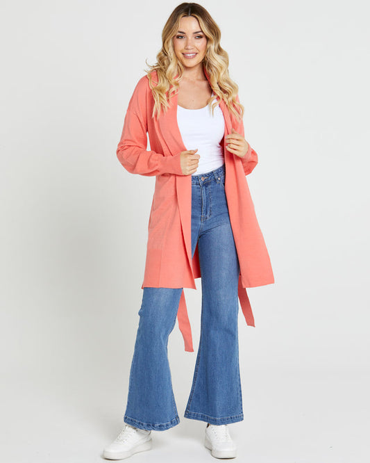 Tabitha Knit Belted Midi cardi - Coral