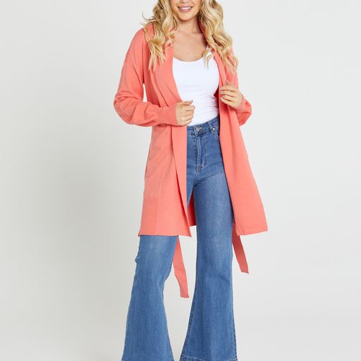 Tabitha Knit Belted Midi cardi - Coral