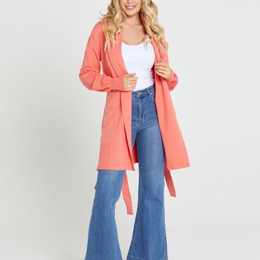 Tabitha Knit Belted Midi cardi - Coral