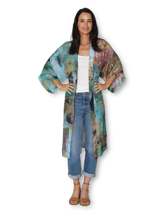 Longline Silk Kimono - Coastal Whispers