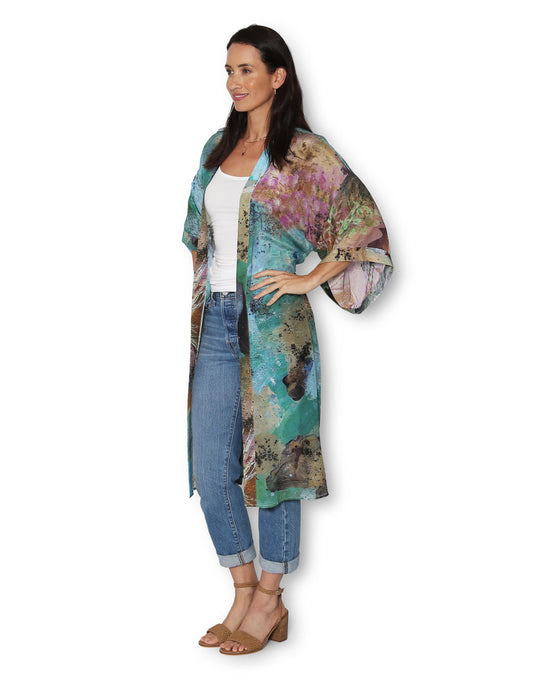 Longline Silk Kimono - Coastal Whispers