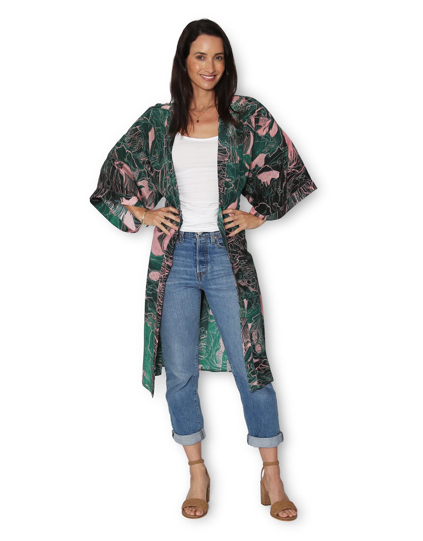 Longline Silk Kimono - Twilight Forest