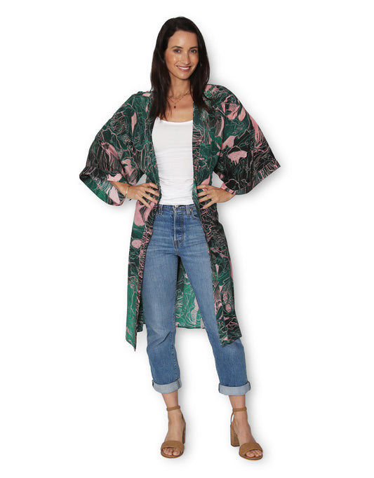 Longline Silk Kimono - Twilight Forest
