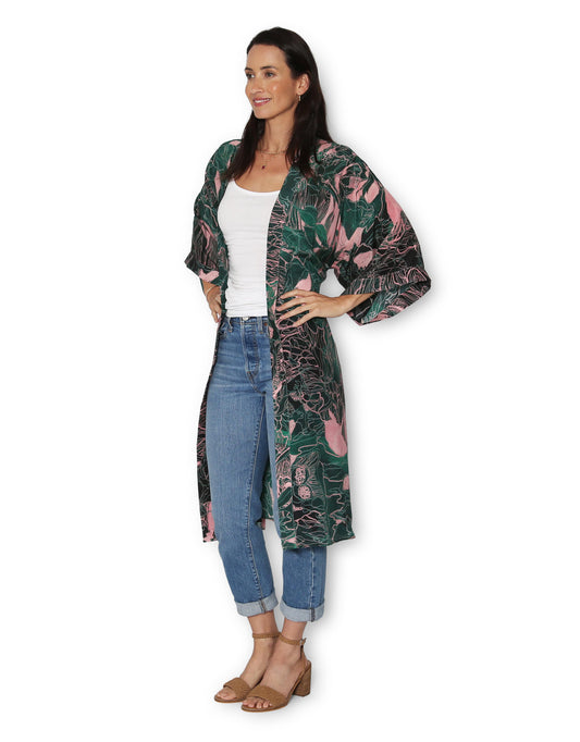 Longline Silk Kimono - Twilight Forest