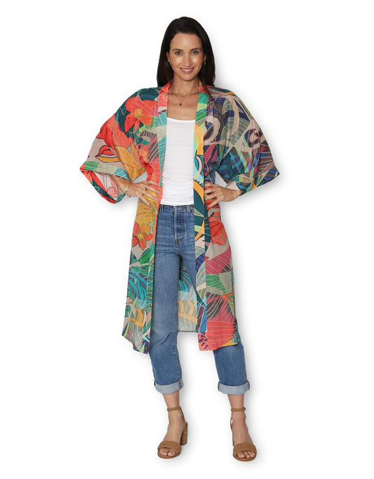 Longline Silk Kimono - Hawaiian Flora