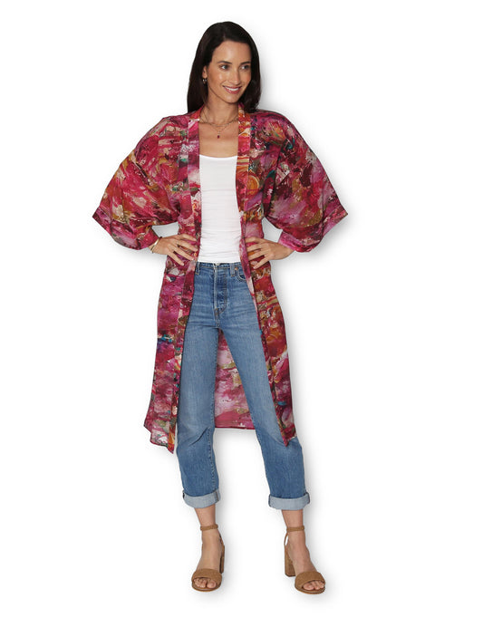 Longline Silk Kimono - Pink Primrose