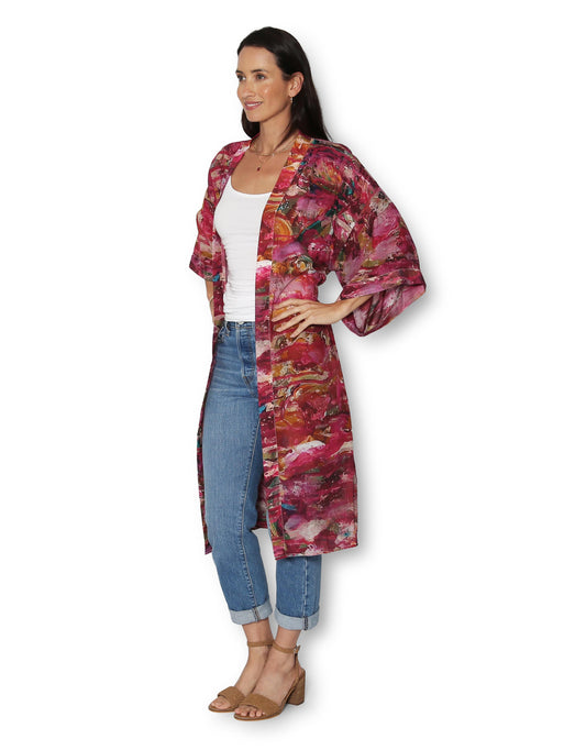 Longline Silk Kimono - Pink Primrose