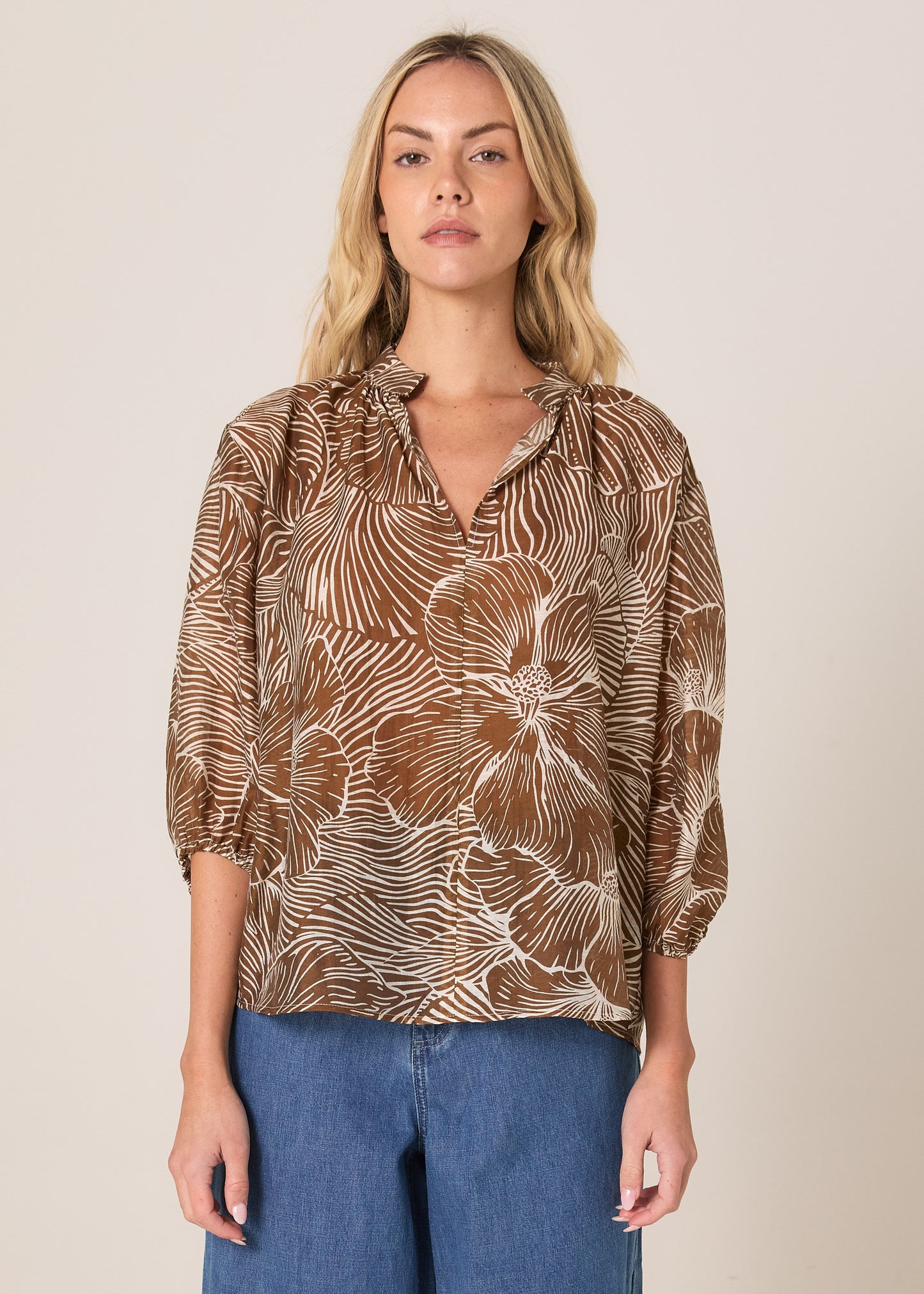 Tallulah Split Neck Blouse - Brown Petal