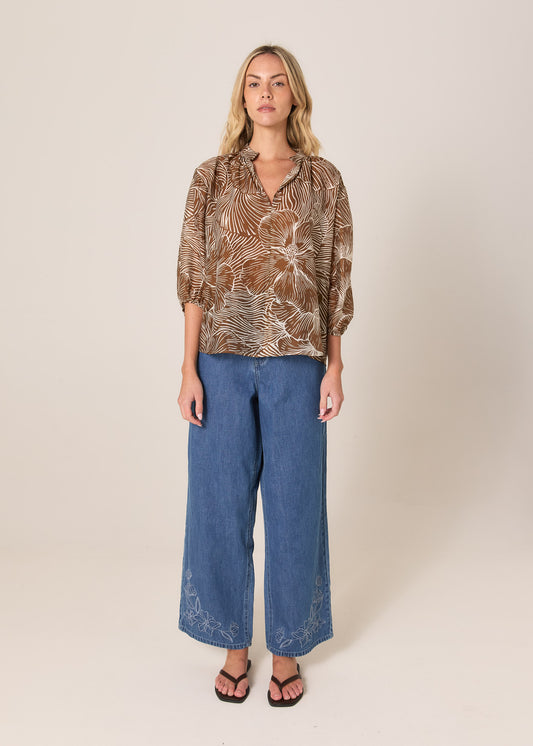 Tallulah Split Neck Blouse - Brown Petal