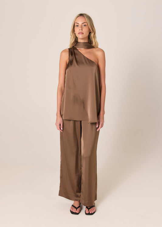 Dahlia Satin One Shoulder Top - Bronze