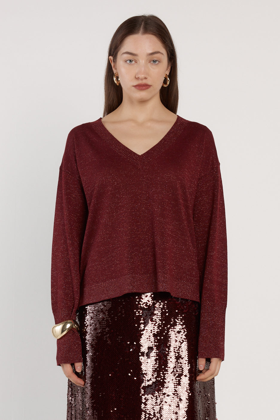 Oriane Sparkle V-Neck Knit - Burgundy