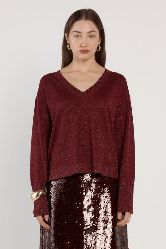 Oriane Sparkle V-Neck Knit - Burgundy