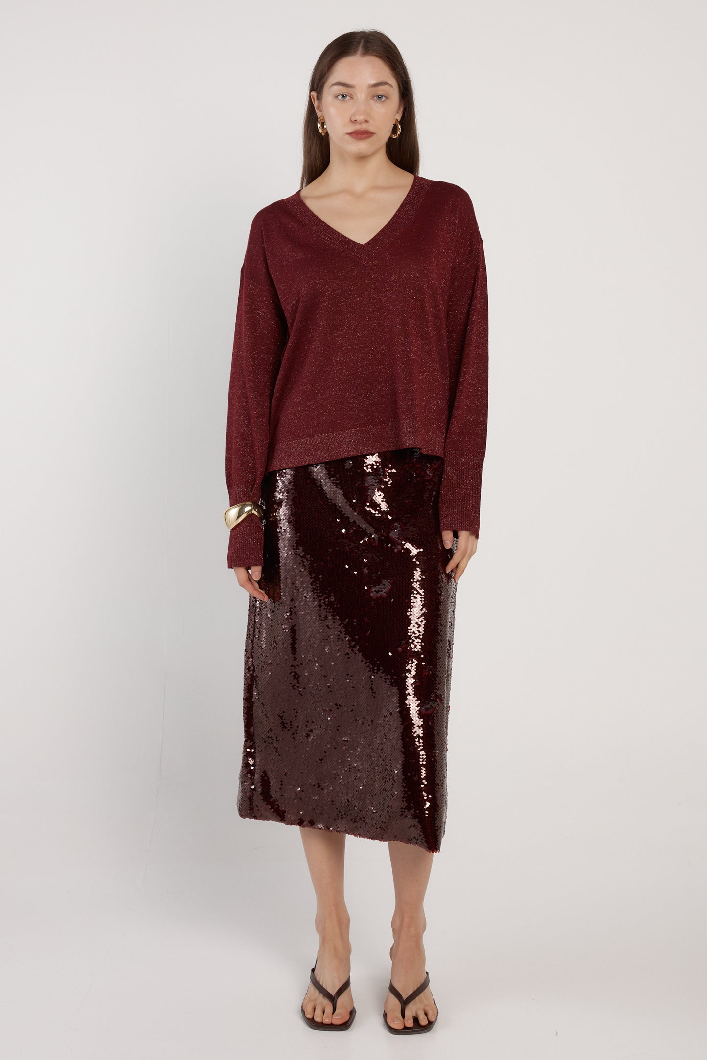 Oriane Sparkle V-Neck Knit - Burgundy
