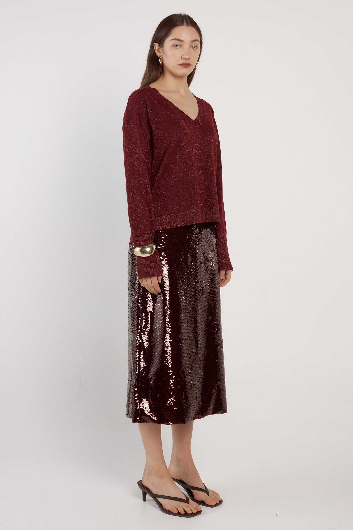 Oriane Sparkle V-Neck Knit - Burgundy