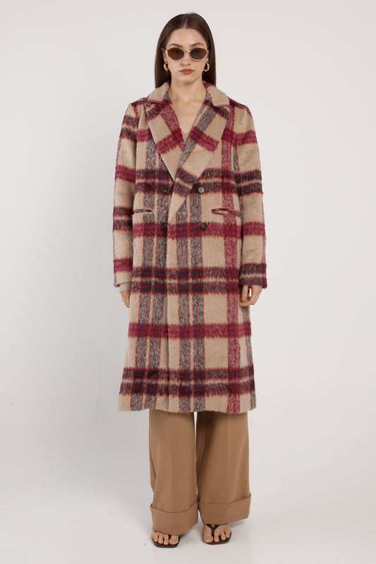 Harlow Check Longline Coat - Pink Check