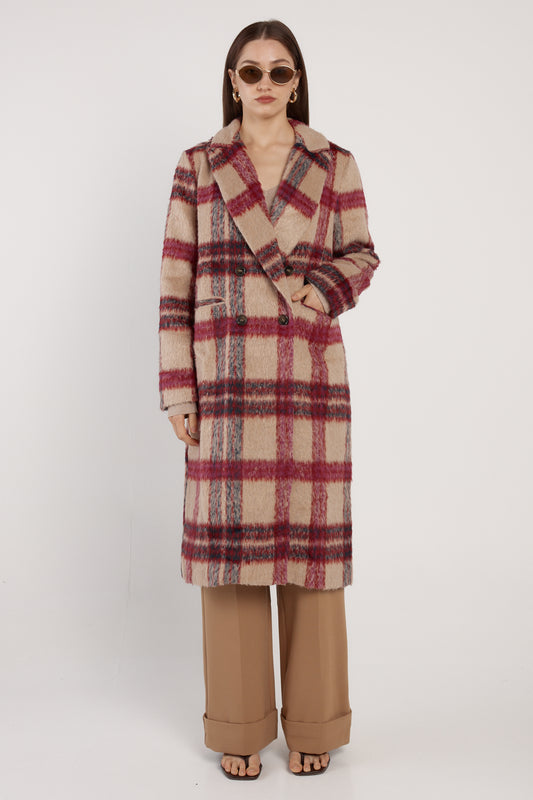 Harlow Check Longline Coat - Pink Check