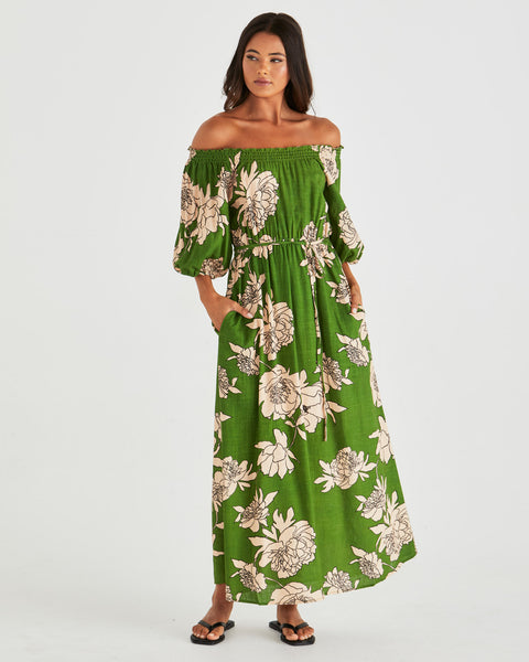 Antonie Off Shoulder Dress - Moonflower Green