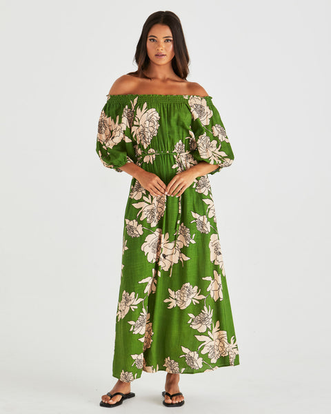 Antonie Off Shoulder Dress - Moonflower Green