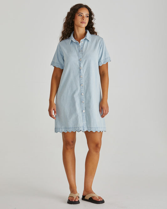 Vale Scalloped Denim Dress - Bleach Blue