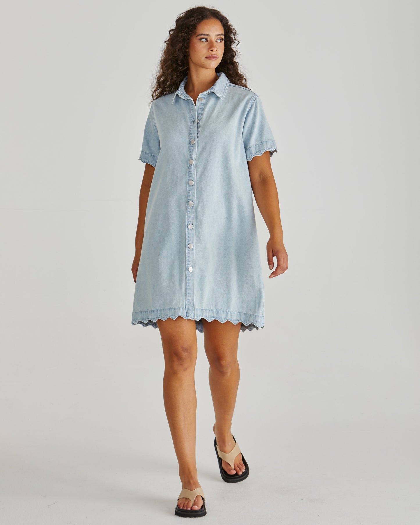 Vale Scalloped Denim Dress - Bleach Blue