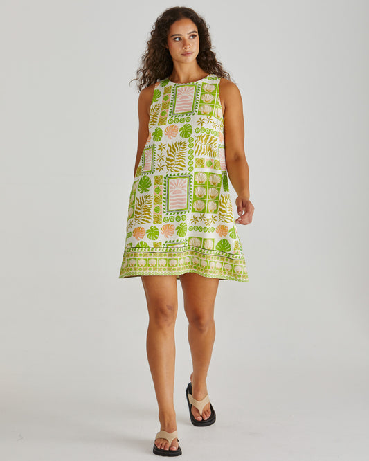 Emmett Tie Back Shift Dress - Green Shell Patchwork