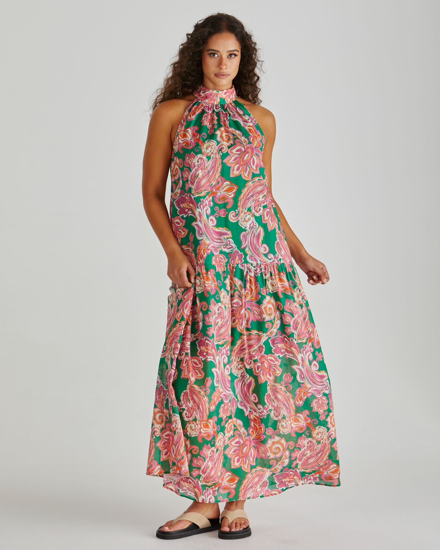 Malia Halter Dress - Pink/Green Paisley