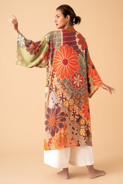 70's Kaleidoscope Floral Kimono Gown - Sage