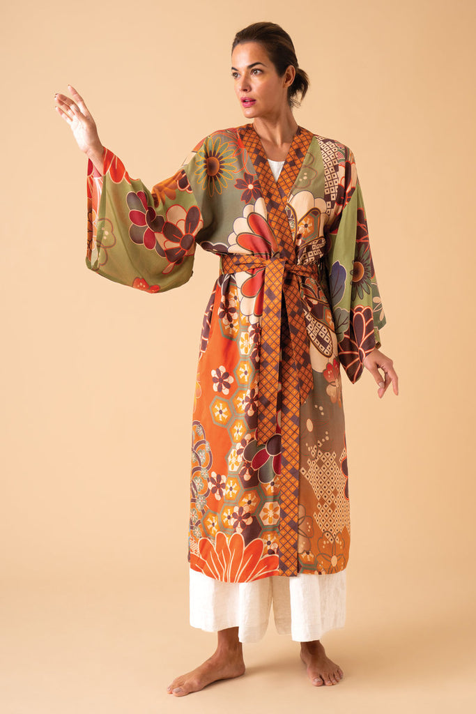 70's Kaleidoscope Floral Kimono Gown - Sage