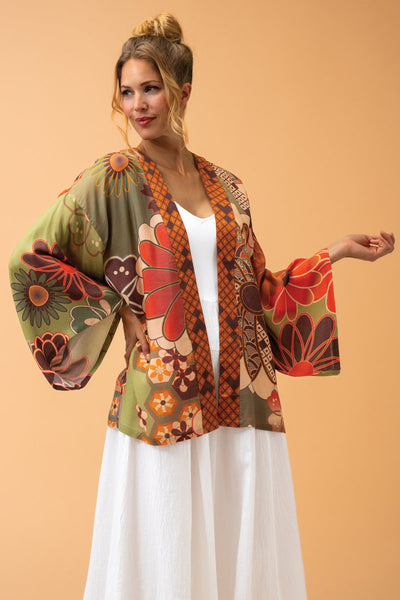 70's Kaleidoscope Floral Lux Kimono Jacket - Sage