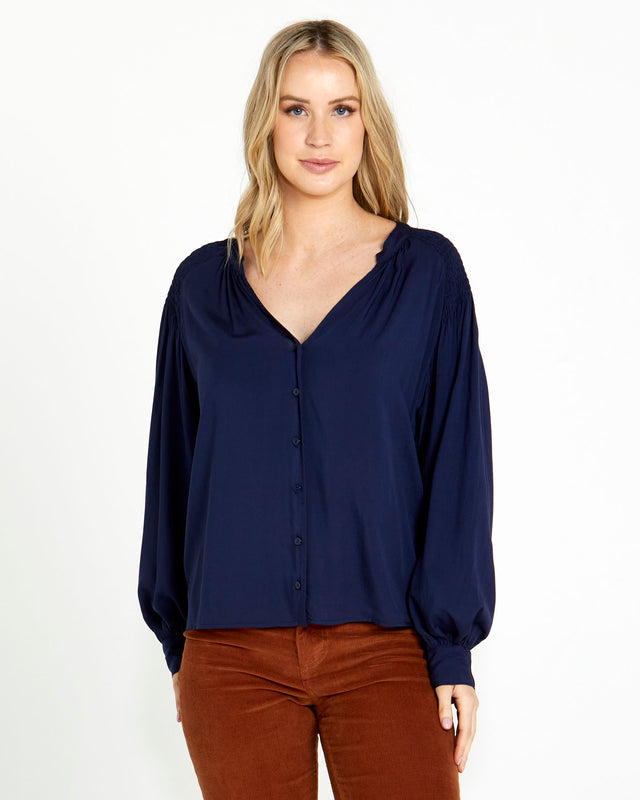 Bridgitte Shirred Shoulder Top - Navy