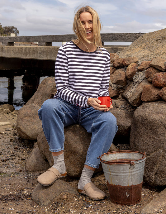 Riviera Long Sleeve Tee - Navy & White Stripe