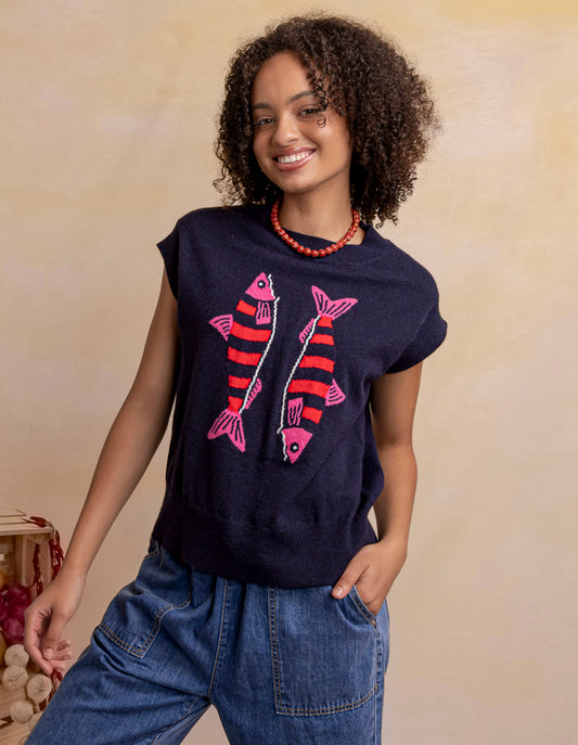 Fishy Intarsia Knit - Navy
