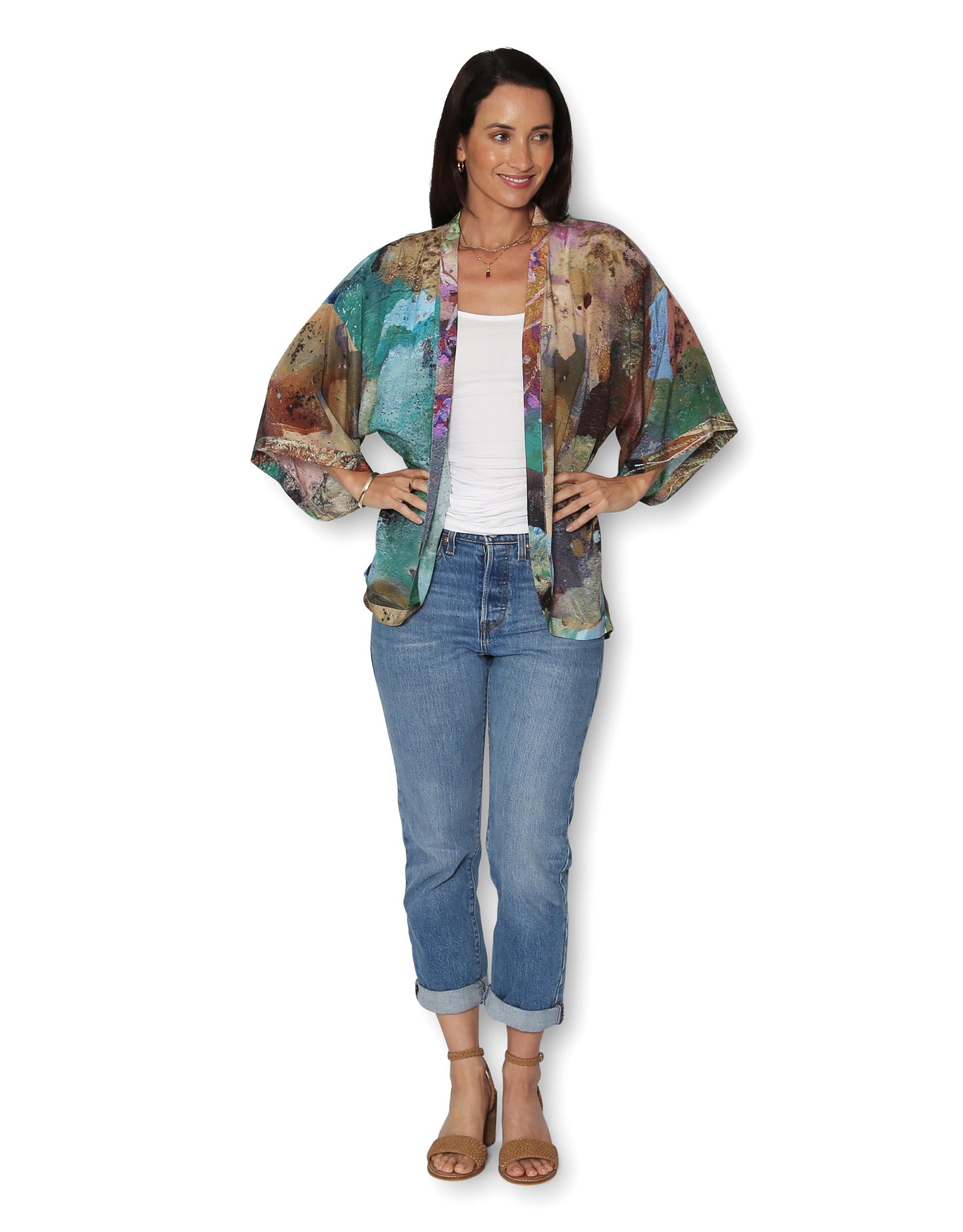 Short Silk Kimono - Coastal Whispers