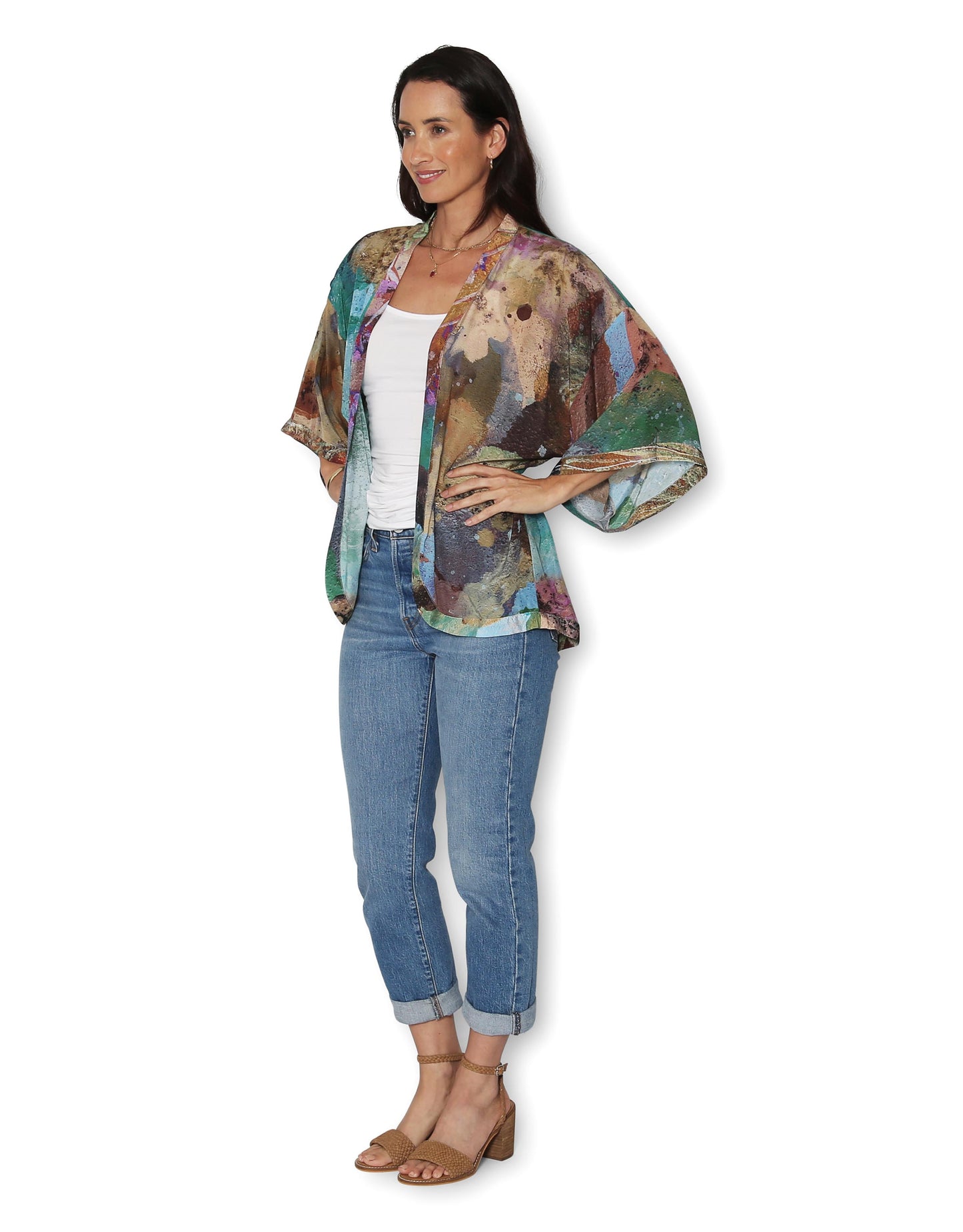 Short Silk Kimono - Coastal Whispers