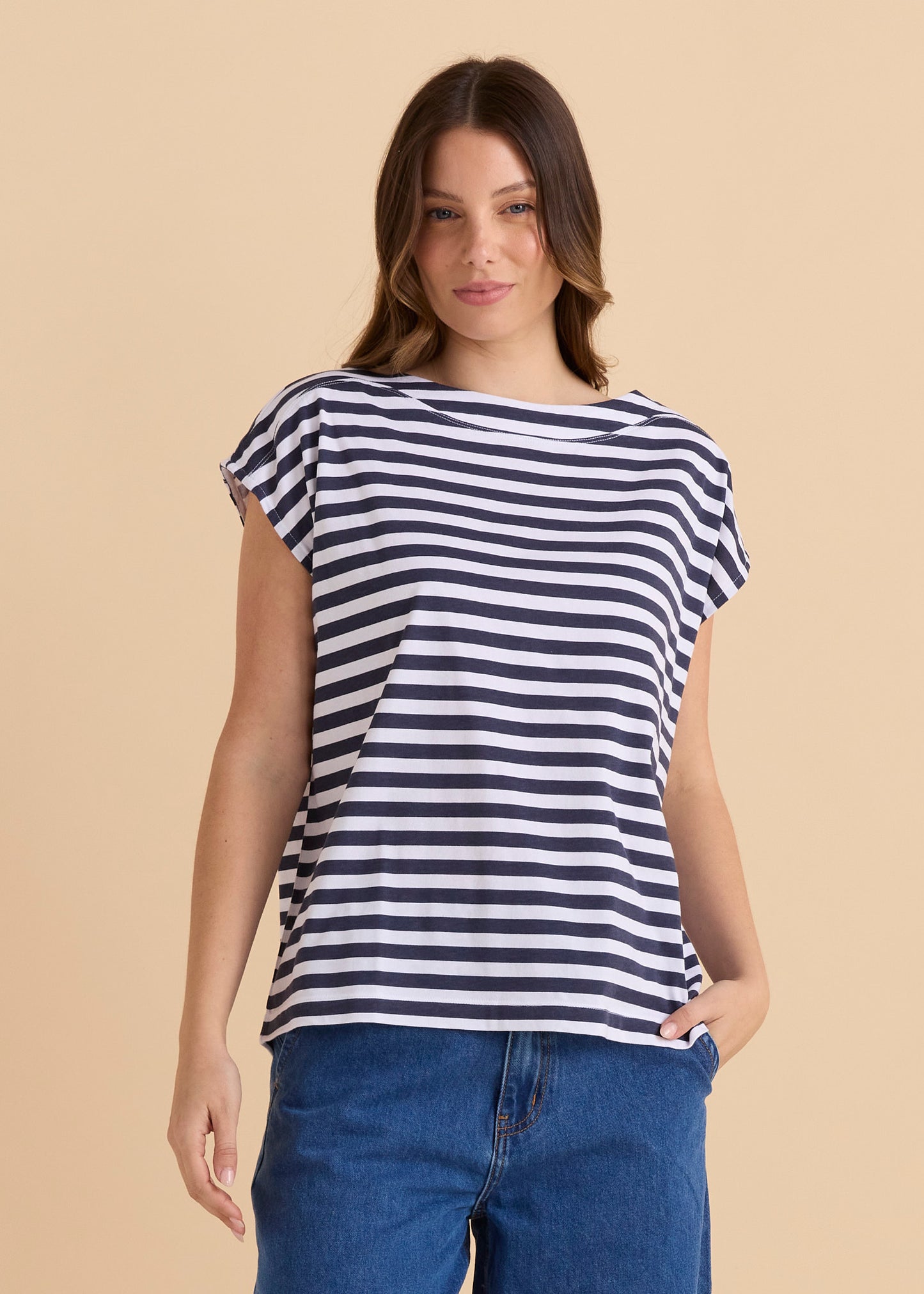 Beth Boatneck Tee - Navy Stripe