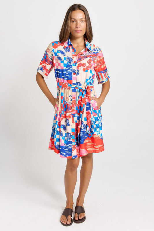 Palm Shirt Dress - Mediterranean Print