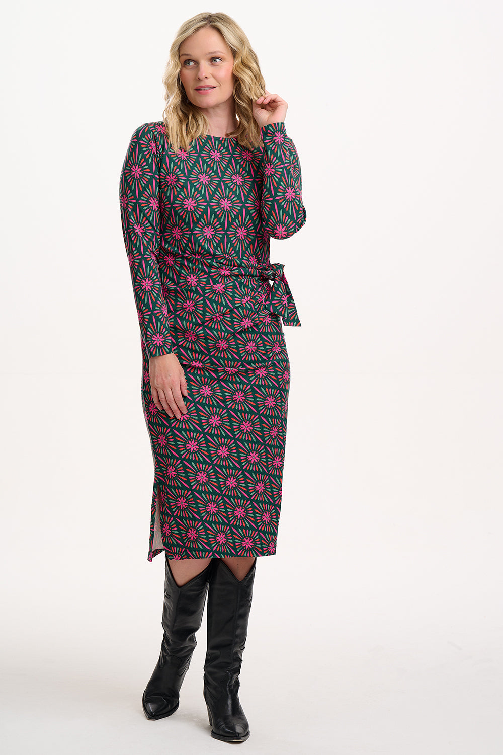 Claudia Jersey Tie Midi Dress - Flower Explosion