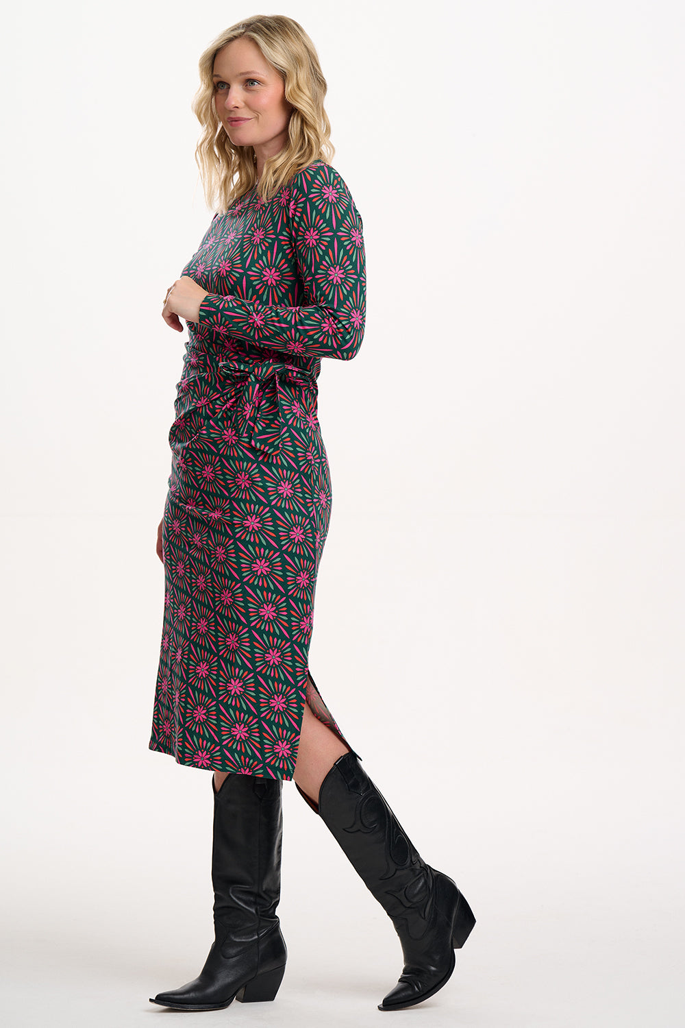 Claudia Jersey Tie Midi Dress - Flower Explosion