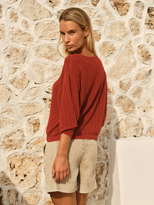 Mila Pointelle Top - Red Clay
