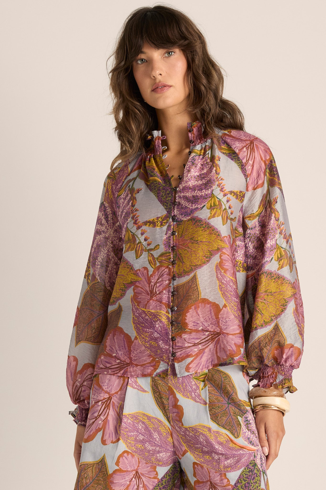Daria Shirred Blouse - Leaf Print