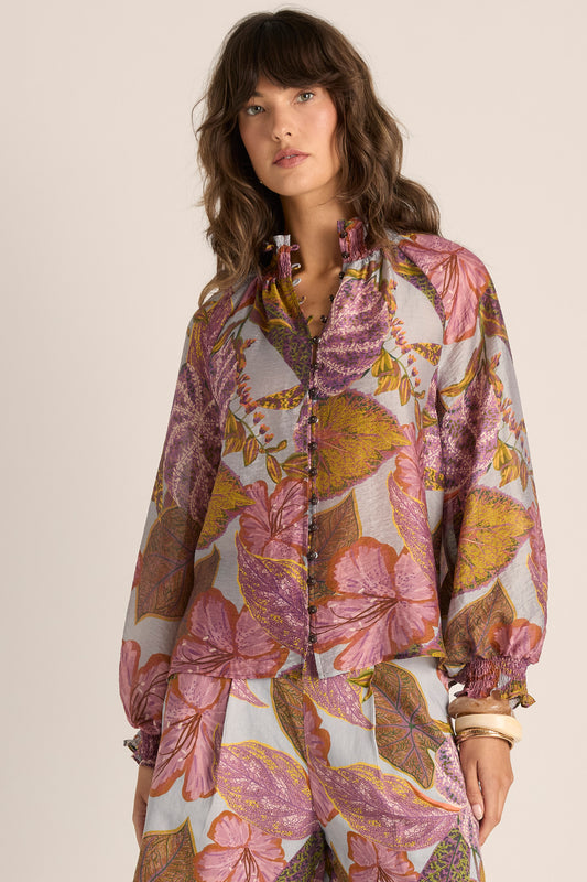 Daria Shirred Blouse - Leaf Print